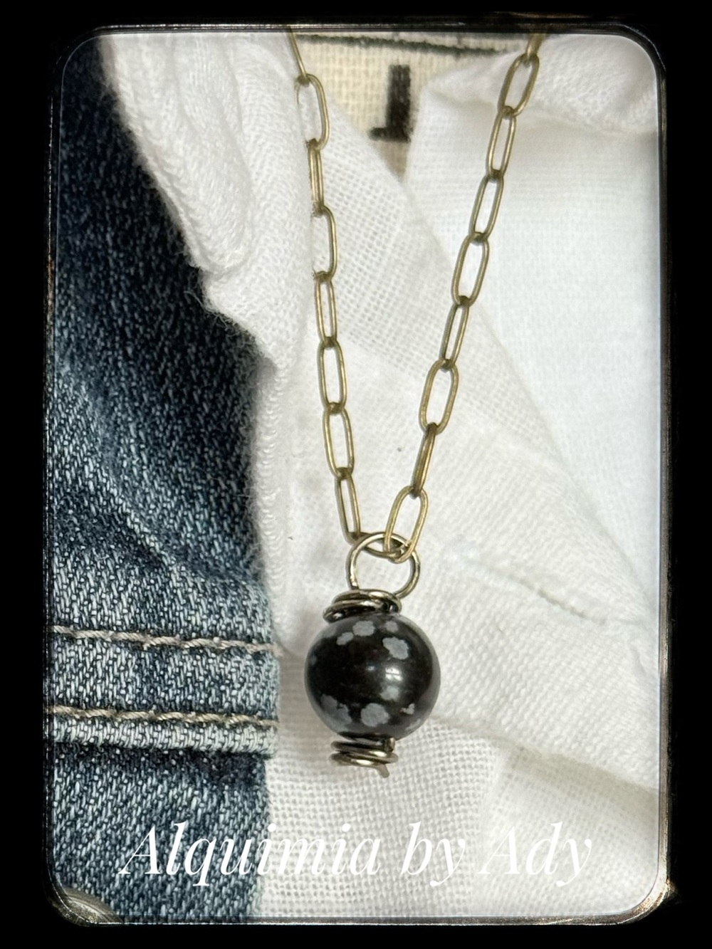 Snowflake obsidian Gold Chain Necklace with Black Speckled Stone Pendant